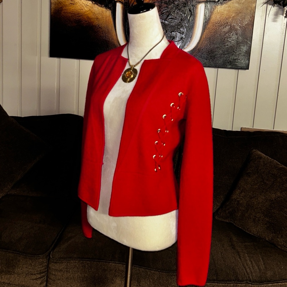 Cache ~ Women's Small ~100% Wool ~ Red Blazer Jacket W/ Lace Up Detail Hook Loop - Picture 12 of 16